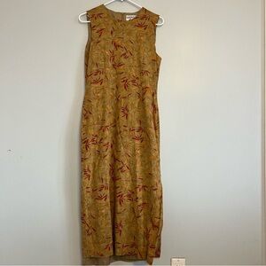 Vintage Y2K Kasper Rayon Linen Bamboo Print Sleeveless Midi Dress Brown Sz 8